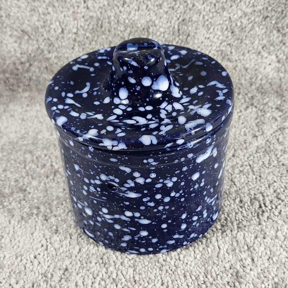 Splatter Spongeware Ceramic Canister Navy Blue White Farmhouse‎ Small Jar